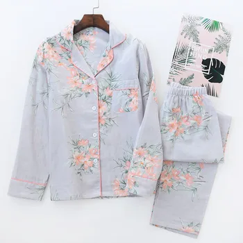 

New Ladies Cotton Long-sleeved Trousers Pajamas Sets for Women Flowers Printed Soft and Breathable Lounge Wear Pijamas De Mujer