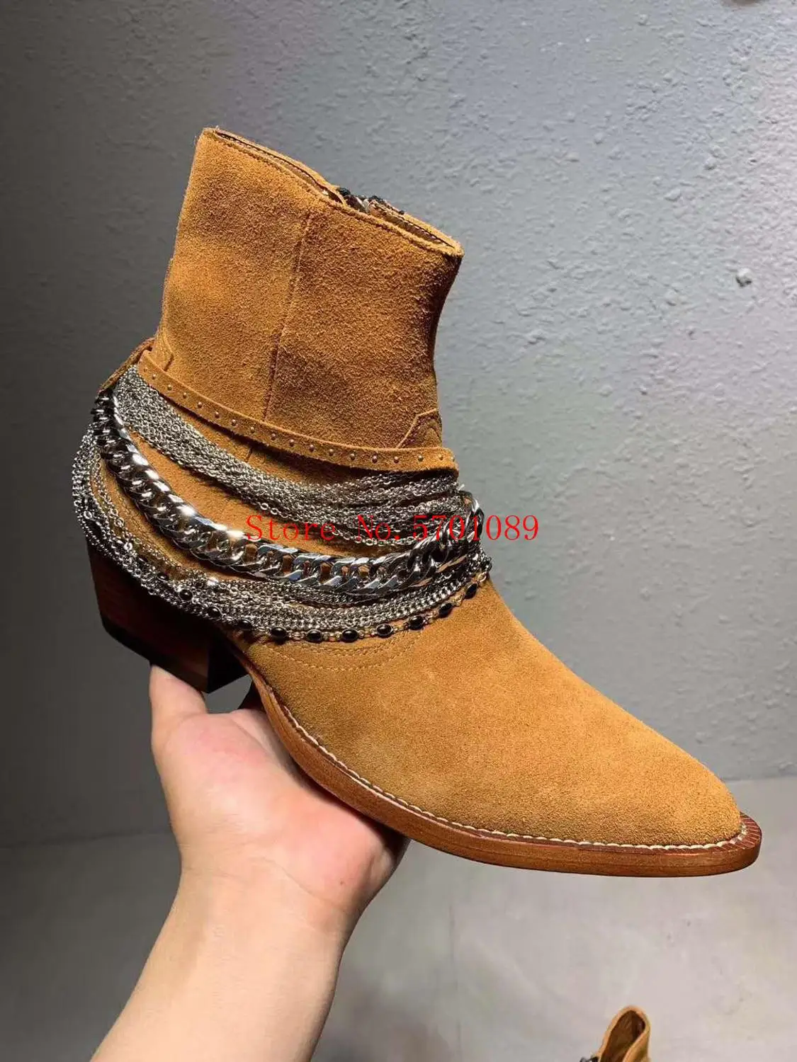 

Man Fashion Western Chain Suede Boots Brown Black Leather Suede Pointed Toe Side Zip Western Chain Boots Kanye West Street Shoes