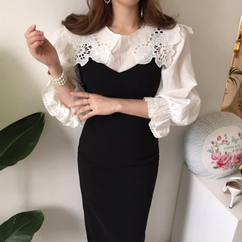 

Elegant Vintage Women Two Pieces Set White Hollow Out Shirt Black Sleeveless Maxi Sexy Dress Plus Size Spring Fashion