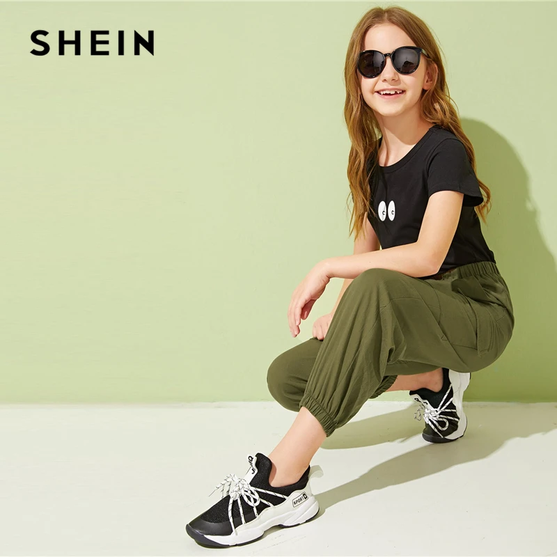 SHEIN Kiddie Solid Pocket Patched Girls Casual Cargo Pants Teenagers Bottoms 2019 Autumn Elastic Waist Long Trousers For Chldren