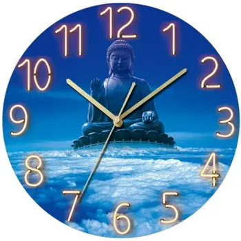 

Frameless Wall Clock Oriental Art Buddhism Bless Unique Design Living Room Decoration Quartz Wall Clock Tempered Glass Top G071