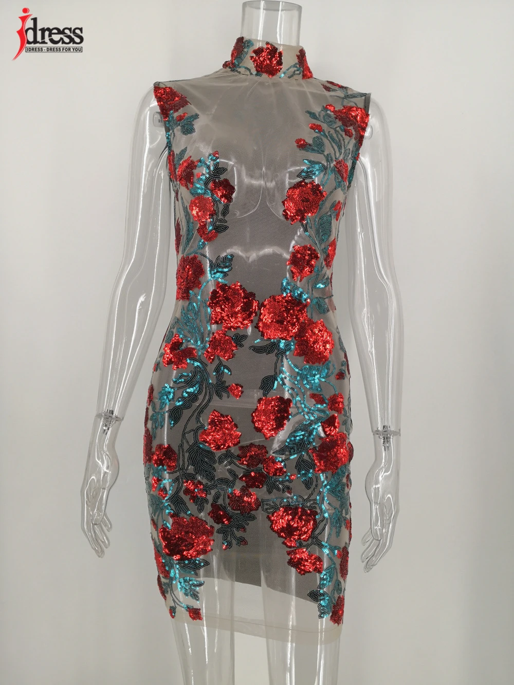 IDress 2020 Vestidos Women Sexy See Through Mesh Summer Style Floral Sequin Midi Sheath Party Dress Sexy Club Wear Bodycon Dress (3)