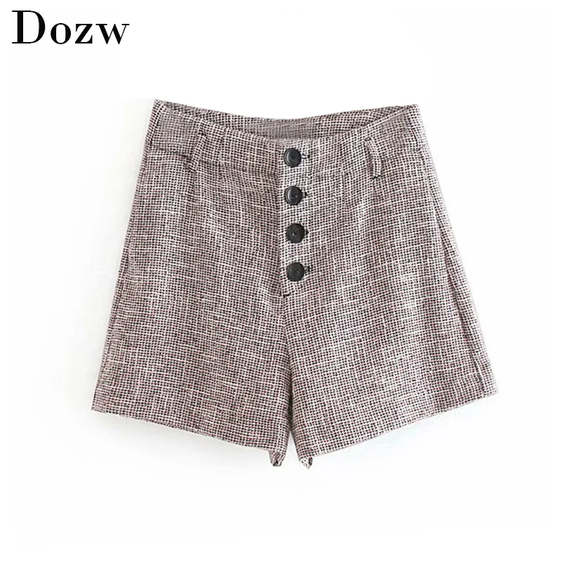 Women Tweed Mini Shorts Elegant Button High Waist Shorts Autumn Winter Ladies Office Short Pants Casual Bottoms Women