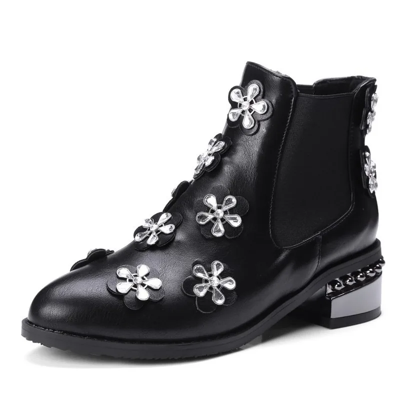 

US4-12 Womens Round Toe PU Leather Ankle Boots Rhinestones Crystal Flowers Decor Chunky Heel Warm Winter Retro Shoes Plus Size