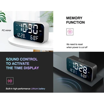 

Rechargeable snooze bedside sound-controlled alarm clock temperature display smart electronic mirror digital clock