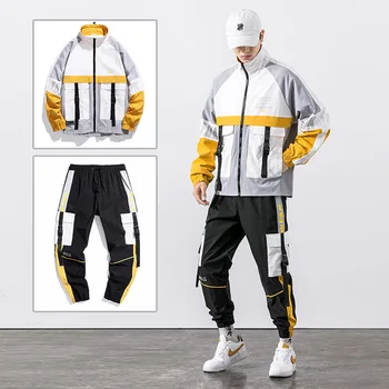 2021 Hip Hop Workwear jacket Mens Tracksuit Jacket+Pants 2PC Sets baseball loose Zipper Ribbons Coat & Long Pants Mens Clothes 2