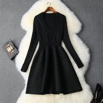 

Fashion Runway Designer Autumn Winter Dress Women Elegant V Neck Long Sleeve Aline Knee Length Jersey Knit Sweater Dresses