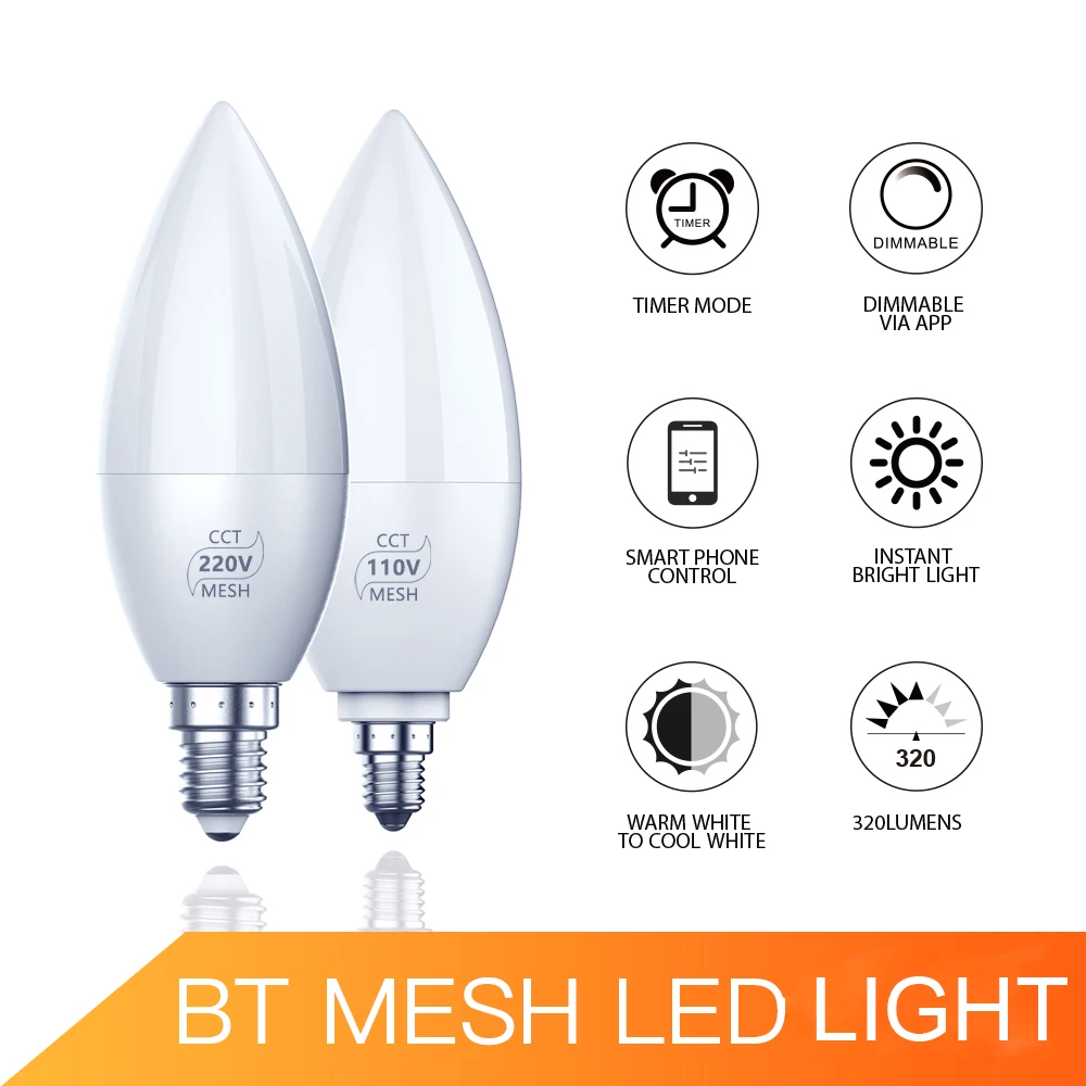 Bluetooth 4,2 умная лампочка E12/E14 Светодиодная лампа для люстры 120 В/220 В теплые и Холодные огни BT сетка легко подключить украшение