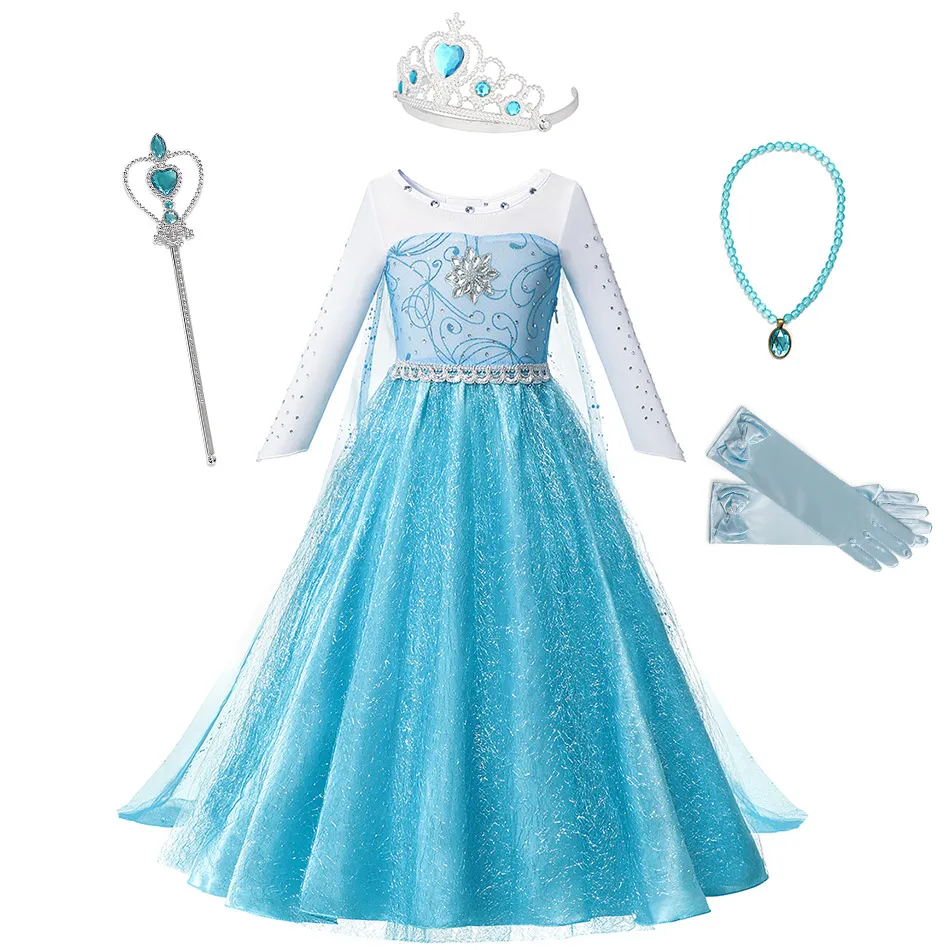 Платье Королевы Эльзы для девочек; вечерние костюмы принцессы Эльзы с длинными рукавами; Карнавальный Костюм «Холодное сердце» на Хэллоуин; карнавальный костюм Эльзы - Цвет: Dress Set 6