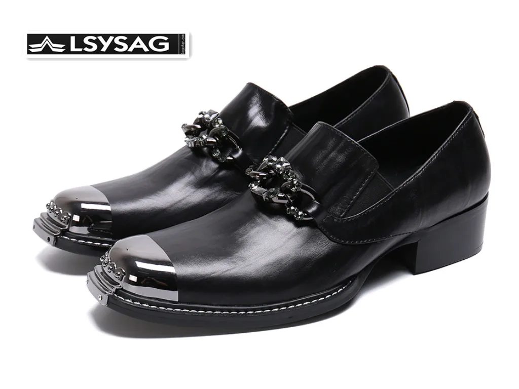 

Italian Genuine Leather Men Business Shoes Metal Charm Party Dress Shoes Large Size Man Formal Brogue Shoes Black