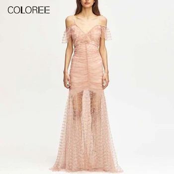 

COLOREE 2019 Sexy See Through Spaghetti Strap Dress Elegant V-neck Pink/Blue Long Dress Evening Party Club Women Dress Vestidos
