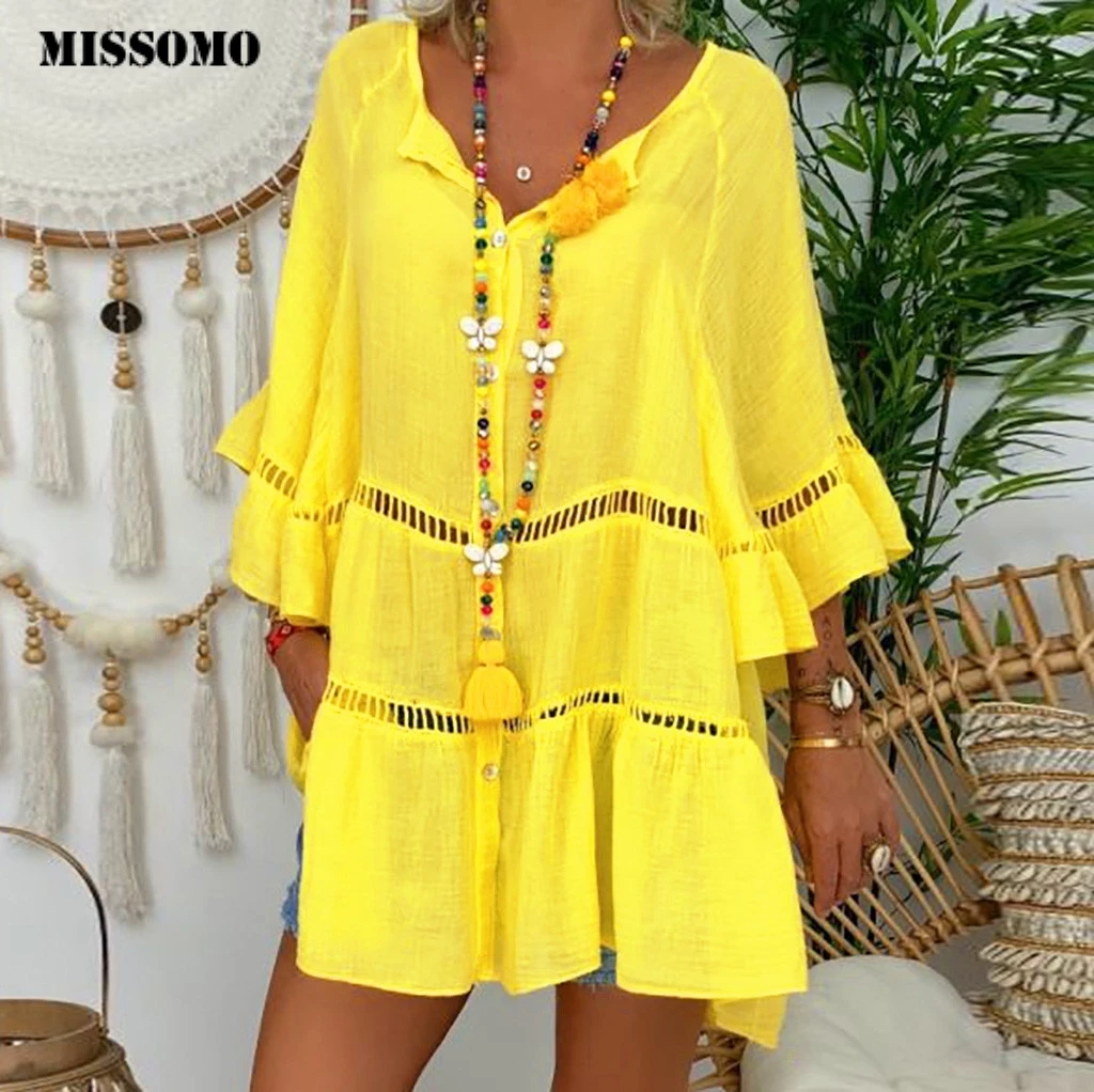 

MISSOMO Women's Plus Size Solid Cotton And Linen Hollow Out V-neck Pullover Tops Shirt
