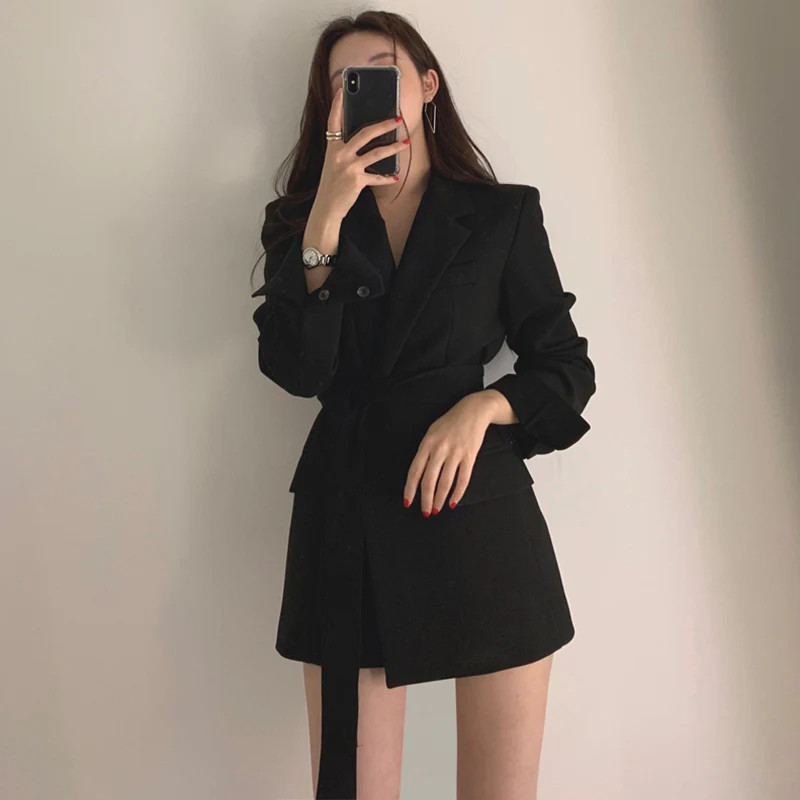 Black Женские блейзеры и куртки,, однотонный, с зубчатым воротником, элегантный женский офисный Блейзер, костюм, осень, Повседневный, длинный пояс, пальто, куртка - Цвет: Black