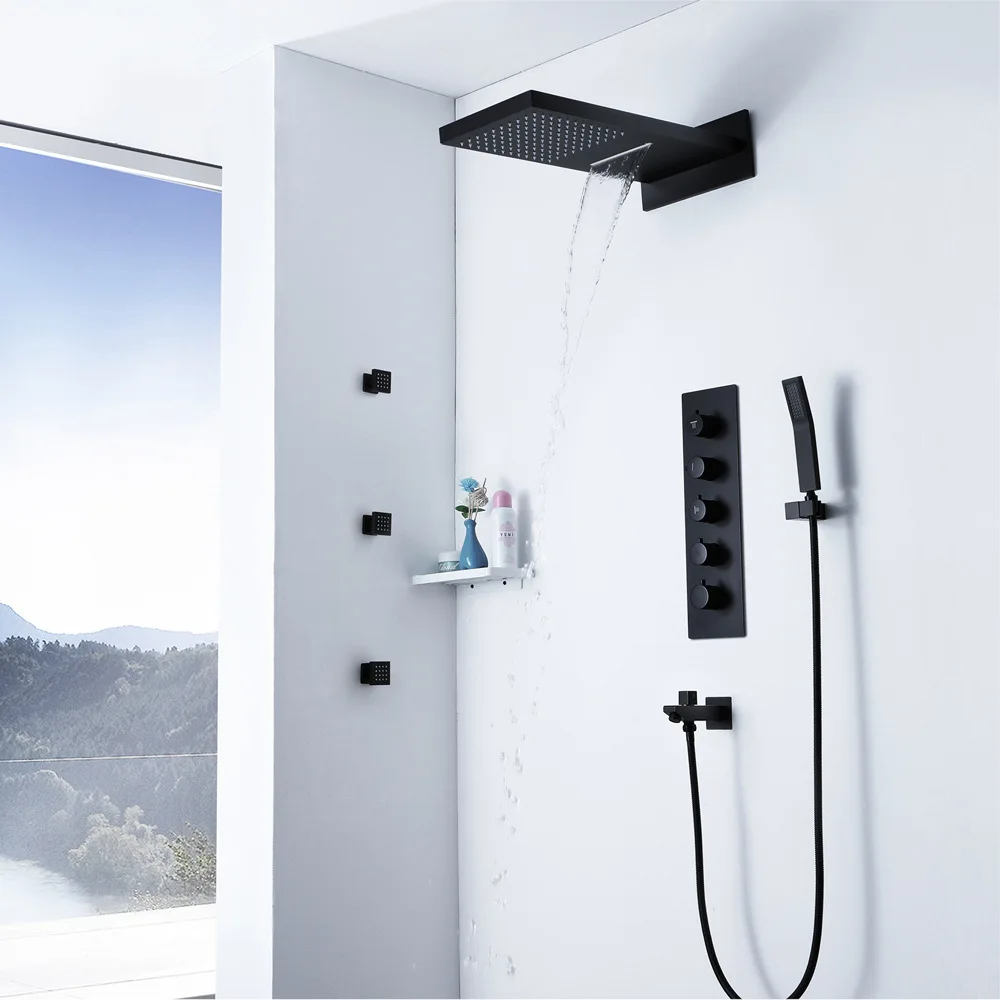 

Bathroom Black And White with Pattern Shower Set Wall-in Concealed Embedded Box Two Feature Raindance Top Shower Head HI05071A