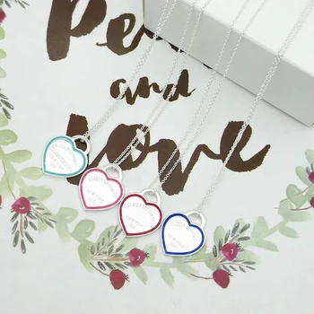 

S925 pure silver romantic heart-shaped pink blue enamel letter necklace pendant for Ladies