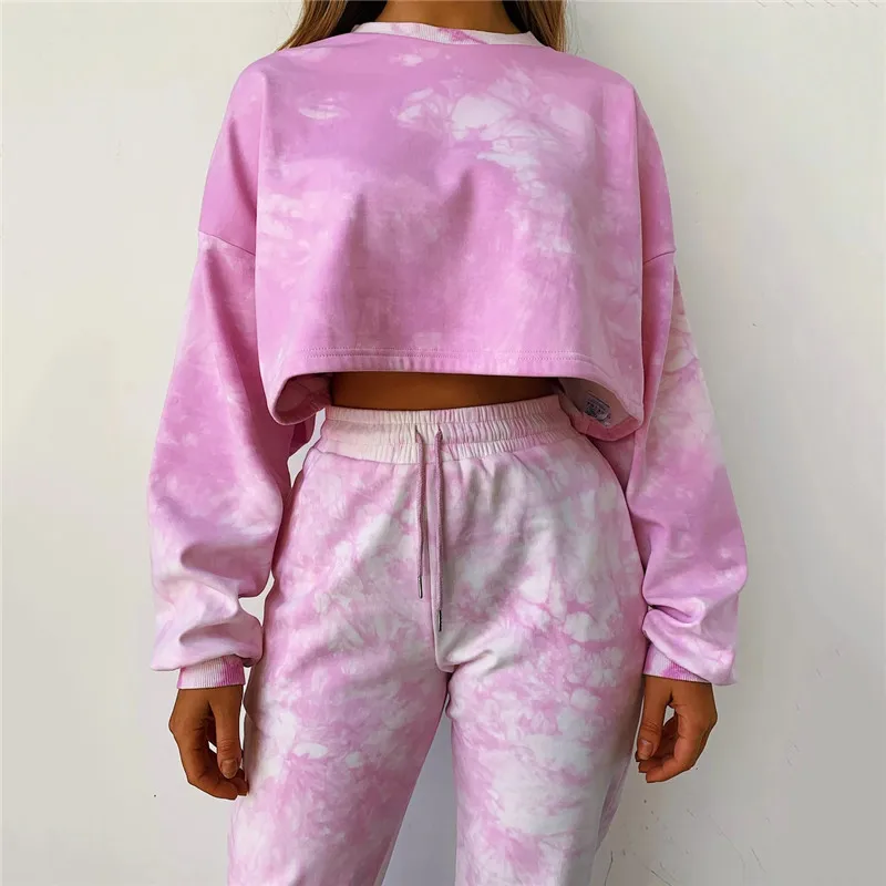 

Women 2Pcs Sets Tie Dye Crop Tops Drop-Shoulder Long Sleeve Sweatshirt + Casual Drawstring Pants Sweatpants Sportwear Women Sets