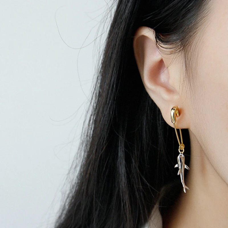 F.I.N.S 1 PC Korean 925 Sterling Silver Earring Only One Piece Single Shark Pin Drop Earrings Personality Female Earrings