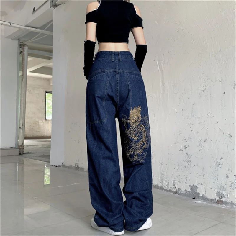 American retro street loose embroidered straight-leg jeans women 2021 new casual all-match high-waist mopping wide-leg trousers 3