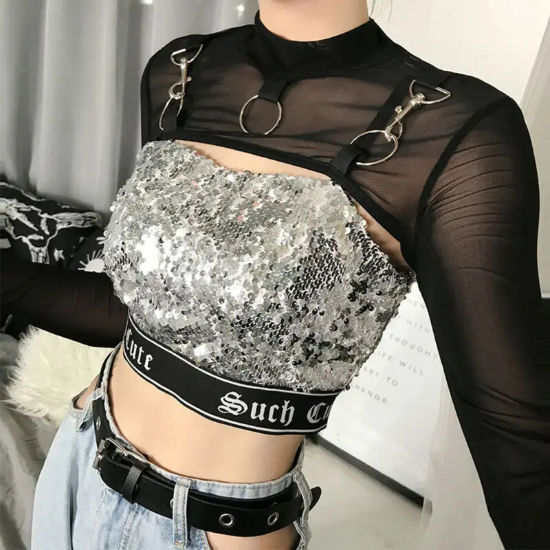 Fashion Women Mesh Long Sleeve O Neck Crop Tops Bikini Cover Up