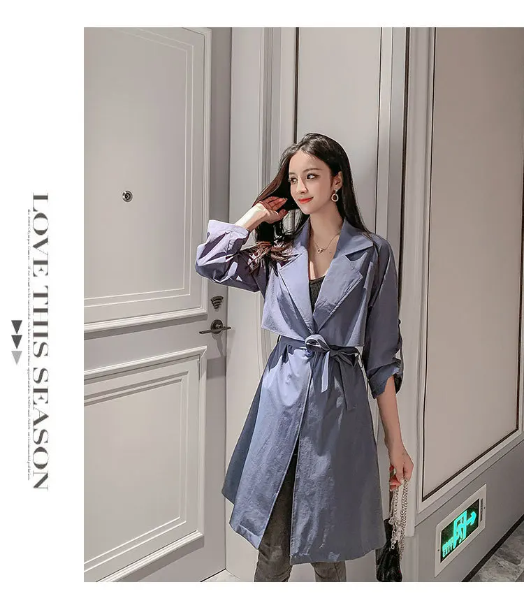 

Photo Shoot 2019 Autumn New Style Korean-style Loose-Fit Fold-down Collar Belt Waist Hugging Slimming Mid-length Trench Coat Wom