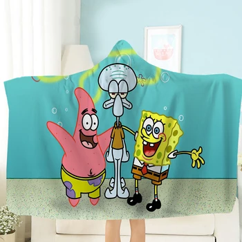

SpongeBob Hooded Blanket Naughty Little Sponge Fleece Blanket 3D Print Comedy Cartoon Throw Blanket Kids Soft Wearable Blanket