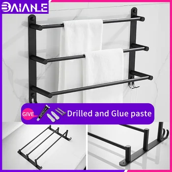 

stainless steel Towel rack black 50cm Bathroom wall mounted towel holder screw free installation towel bar with shelf coat hooks