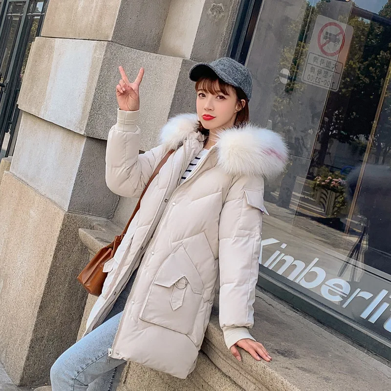 

Photo Shoot Online Celebrity 2019 New Style down Jacket Cotton-padded Clothes Women's Mid-length Korean-style Loose-Fit Fur Coll