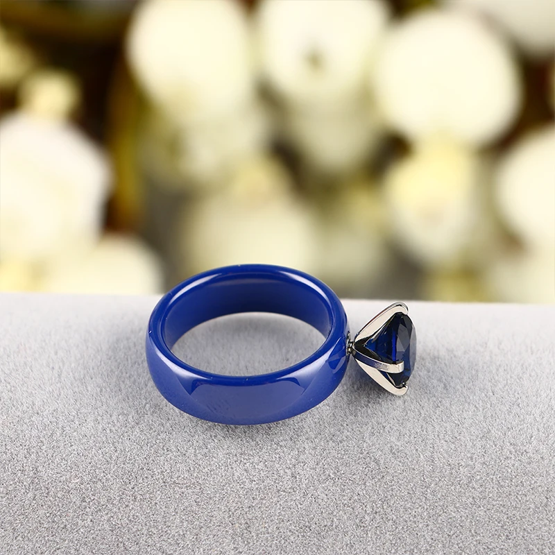 TUHE синие керамические кольца с синим кристаллом женские элегантные модные ювелирные изделия круглые стразы 6 мм Широкие Женские Свадебные обручальные кольца подарок
