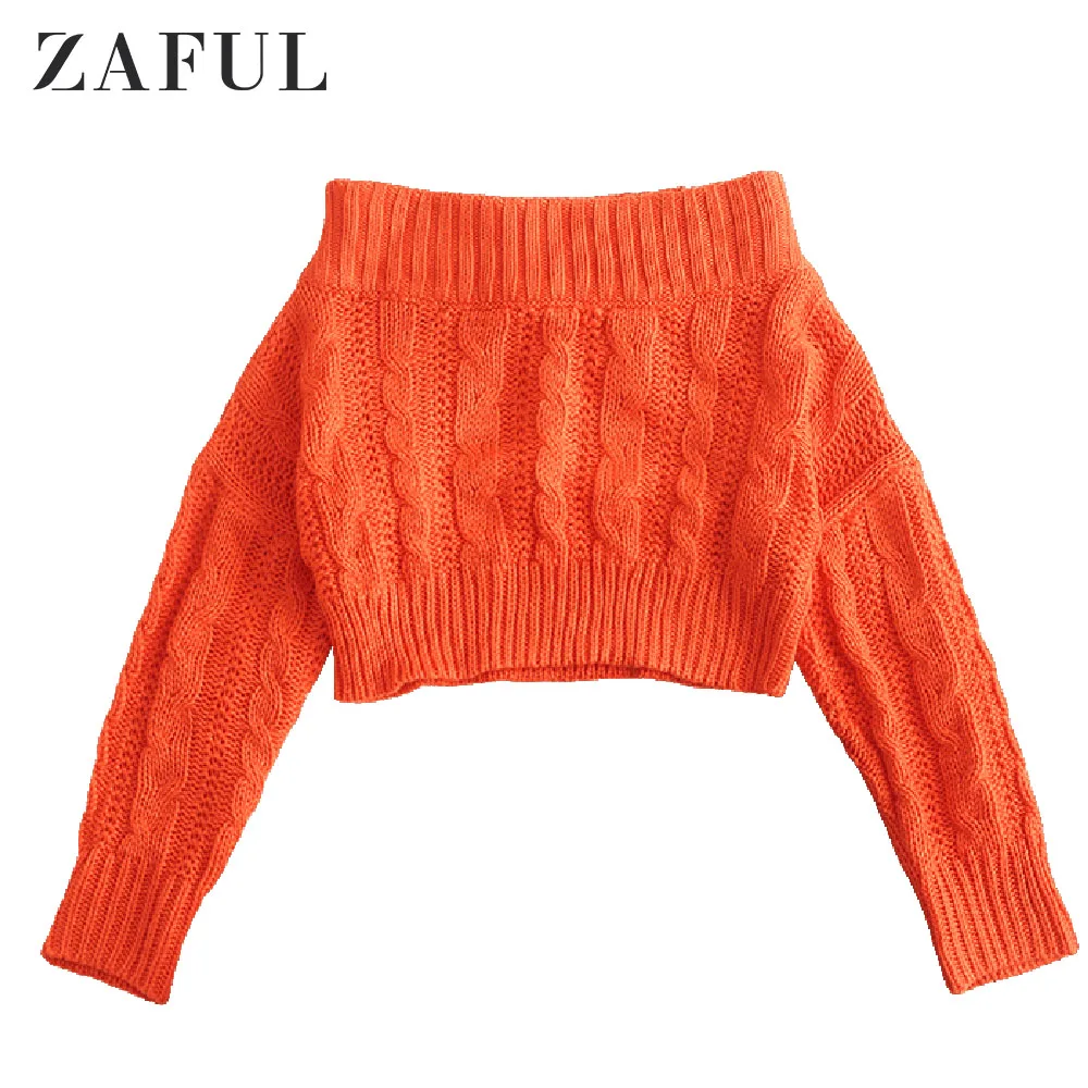 Zaful осенний Однотонный женский Повседневный свитер с открытыми плечами, женские пуловеры, вязаный полосатый женский укороченный свитер