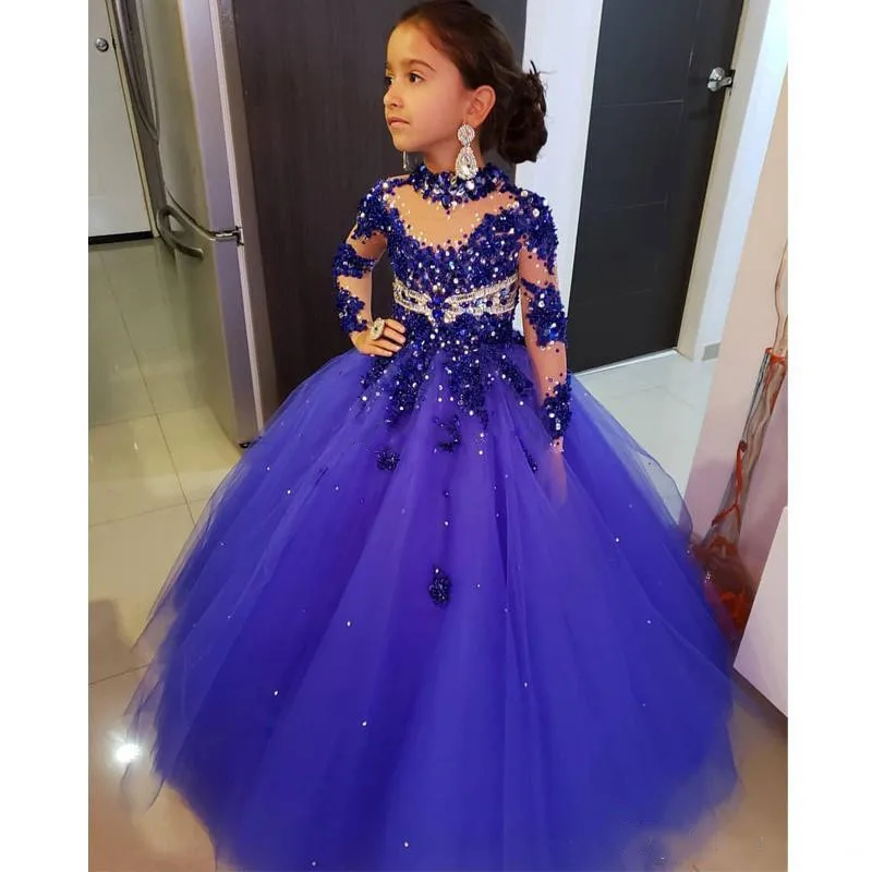 

High Neck Flower Girl Dresses For Weddings Long Sleeve Royal Blue Beads Girls Pageant Dress Kids Birthday Communion Gown