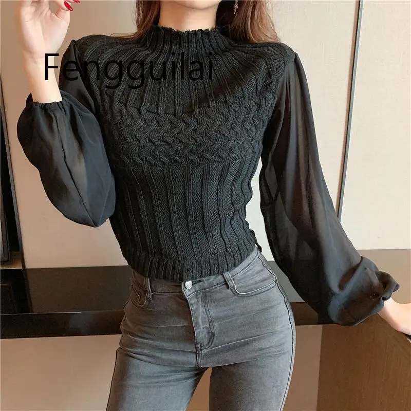 FENGGUILAINew Fashion Women Slim Knitted Sweater Chiffon Stitching Ladies O-neck Sexy Short Tops Sweaters Lantern Sleeve Knitwea FENGGUILAINew Fashion Women Slim Knitted Sweater Chiffon Stitching Ladies O-neck Sexy Short Tops Sweaters Lantern Sleeve Knitwea