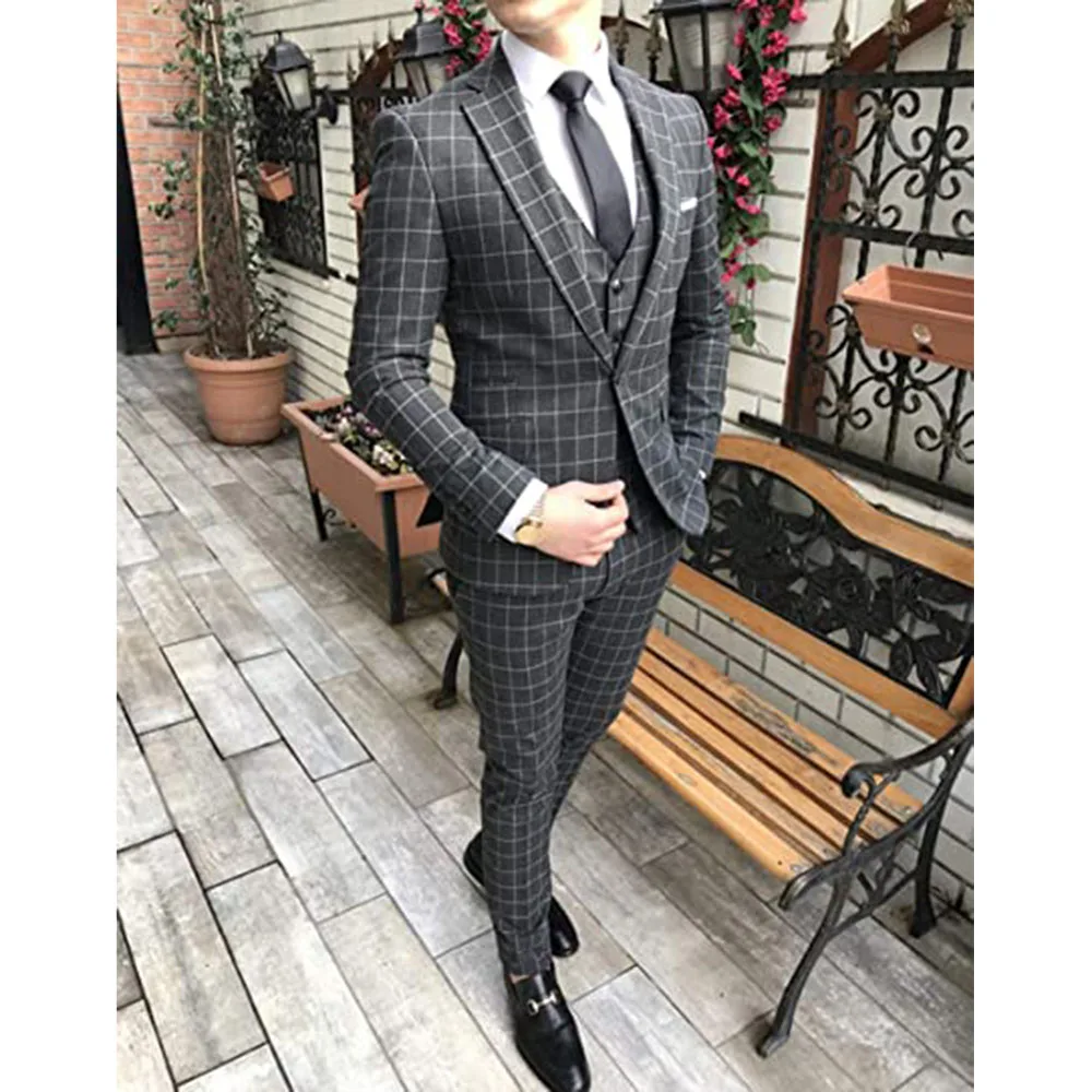 Tailor-Made Grey Plaid Groom Wear Men Suits For Wedding Business 3 Pieces Jacket+Vest+Pants Slim Fit Notched Lapel Prom Tuxedos blazers Suits & Blazer
