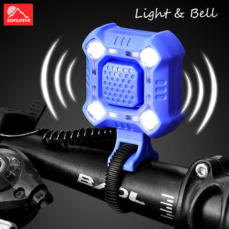 

Safety Bicycle Bell LED Light Handlebar Bike Lamp Fornt Flashlight Cycling Light Horn Loud USB Charge Rechargeable Warning Light