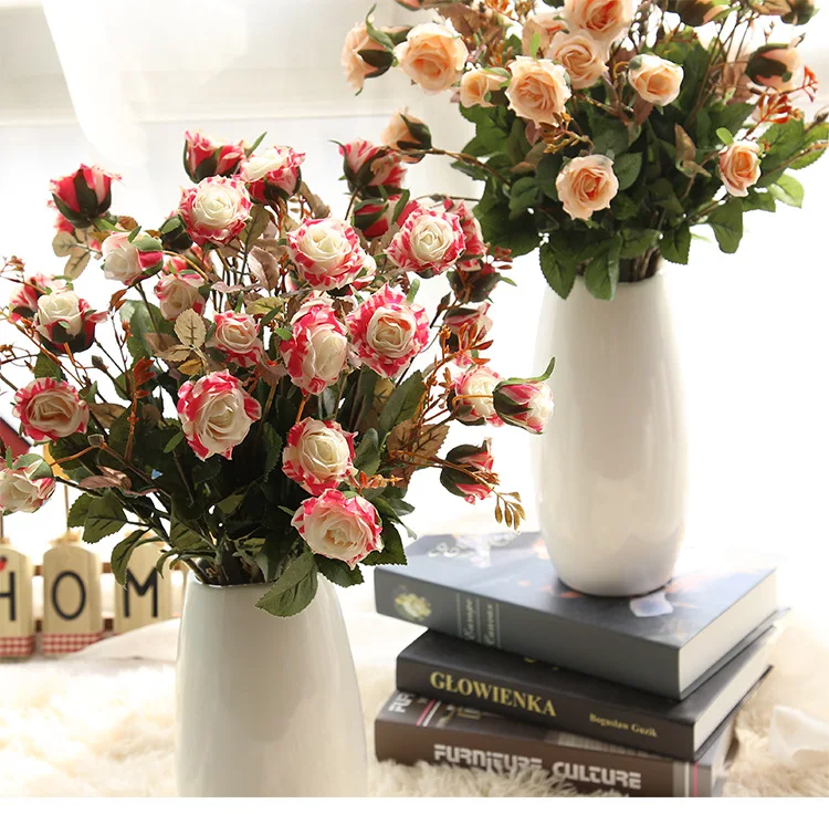 High Quality Three-Headed Rose Simulation Rose Fake Flower Home Furnishings Wedding Bouquets Christmas Decoration QW188 (1)