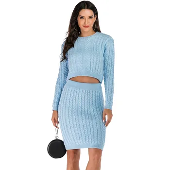 

2019 autum winter Women 2 piece o neck Light Blue sweater dress