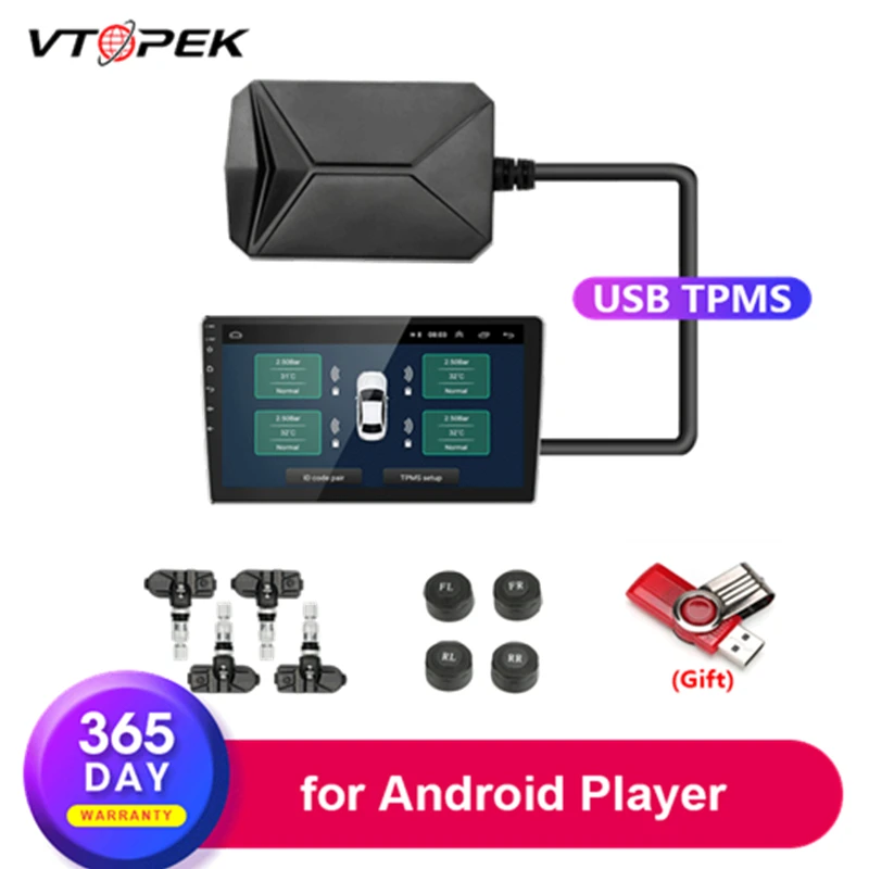 Автомобильный радиоприемник Vtopek с 4 датчиками USB TPMS для Android DVD беспроводным