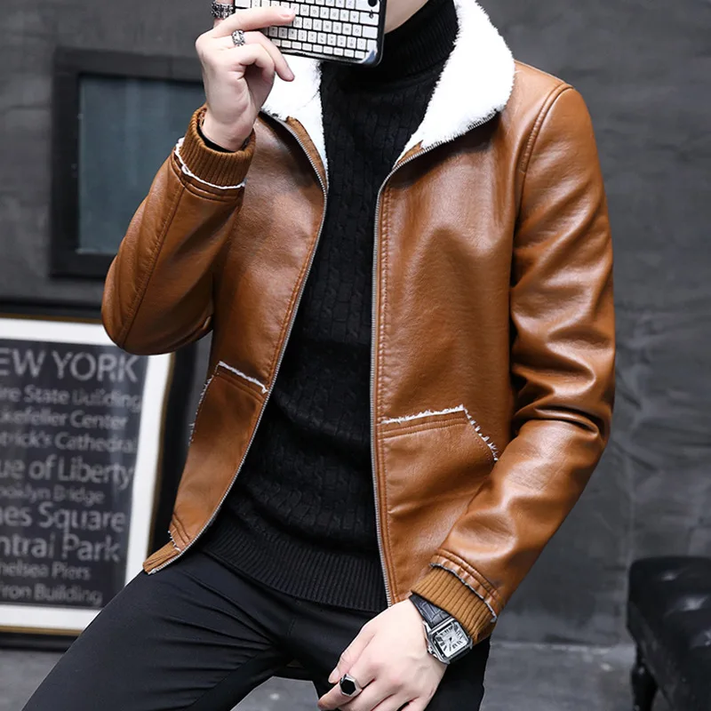 

Autumn And Winter Men One-piece Leather Coat Men's Korean-style Slim Fit Short Jacket PU Leather Jacket plus Velvet Stand Collar