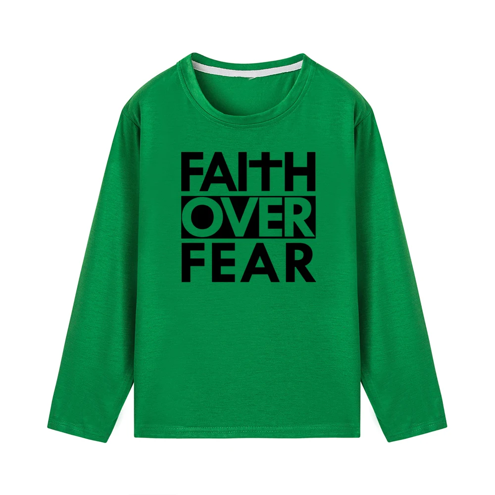 Faith Over Fear Одежда для детей с длинными рукавами Забавная детская одежда для маленьких мальчиков и девочек, футболка, Топы, модная одежда для малышей с буквенным принтом, изображением из мультфильма, футболки для детей, одежда