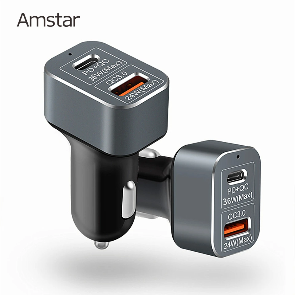 Amstar 60 Вт USB-C PD автомобильное зарядное устройство Быстрая зарядка 3,0 быстрое автомобильное зарядное устройство адаптер для iPhone 11 Pro XS X 8 iPad MacBook samsung 10+ 9
