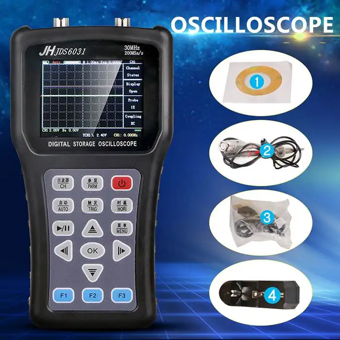 JDS6031 New Hand-held Oscilloscope 1CH 30M 200MSa/S with USB Charger Probe Cable Set Oscilloscope