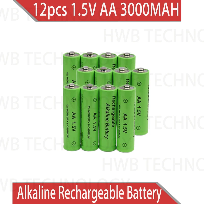 12pcs/Lot AA 3000MAH ZnMn 1.5V AA rechargeable alkaline battery cell, Zn Mn batteries replace