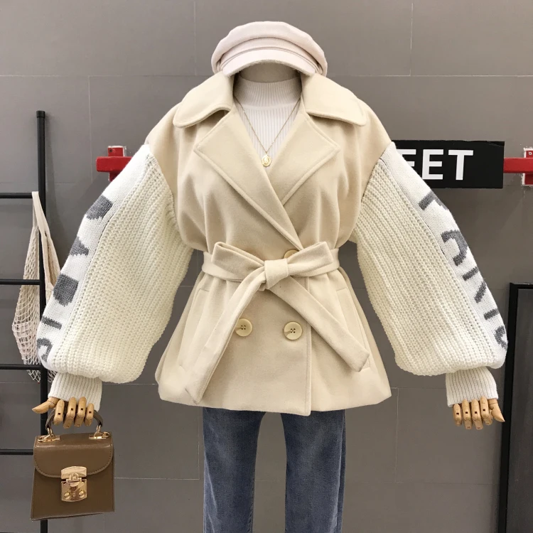 Осень-зима, новое корейское Женское шерстяное пальто, вязаный свитер с рукавами, приталенная шерстяная куртка, верхняя одежда
