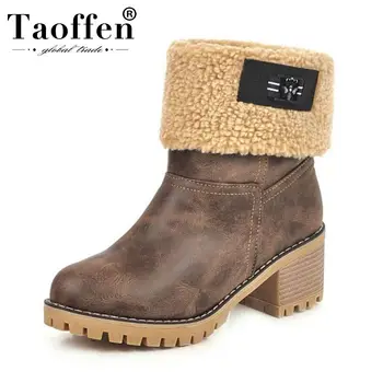 

TAOFFEN Plus Size 34-46 Lady Mid Calf Boots Office Calssics Zipper Chunky Heels Winter Shoes Woman Round Toe Simple Footwear