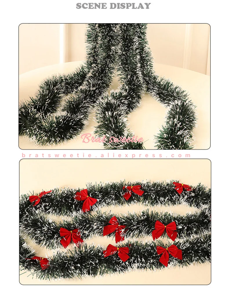 2m White Dark Green Cane Tinsel Christmas Decoration Garland Wreath Christmas Tree Decor Ornaments Animal Party Supplies