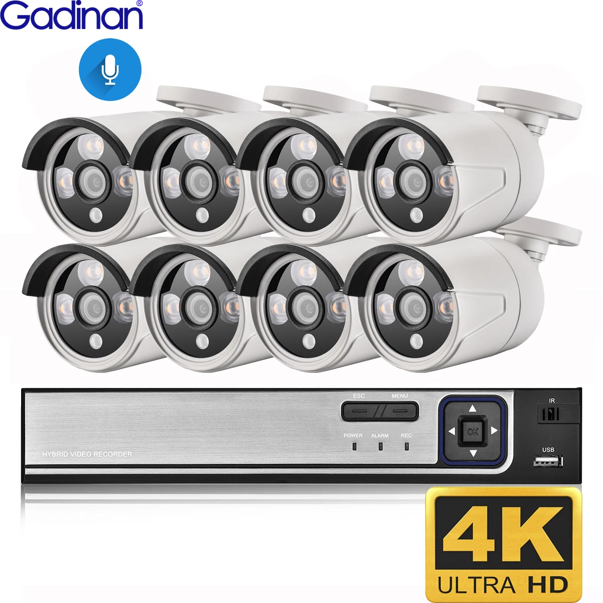 Gadinan 4K 8MP NVR Ultra HD POE IP Security Camera System Kit Audio Outdoor Bullet Video Human Detection Surveillance | Безопасность и