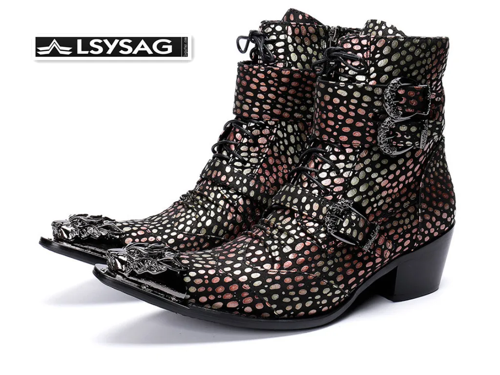 

Winter Fashion Multicolour Men Motorcycle Boots Mid Heel Lace Up Genuine Leather Men Boots Party Boots