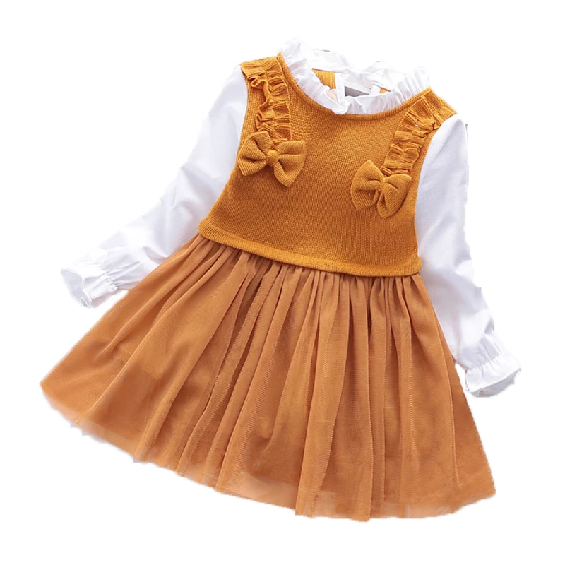 

Baby Girls Dress 2020 Spring Autumn Fashion Sweet Bow Long-sleeved Splicing Net Yarn Princess Skirt For Girls Children Clothes