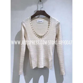 

Women's Long Sleeve Pullover Base Top Beaded Pearl collar knitted sweater tight-fitting slim thin round neck elastic sweater