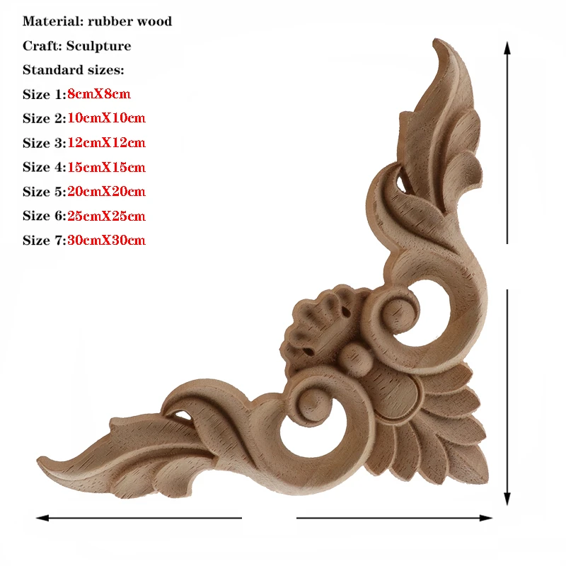 Ornament Crafts Wooden Figurine Crafts Solid Wood Applique Carved Mouldings Furniture Vintage Home Horn Flower 4PCS
