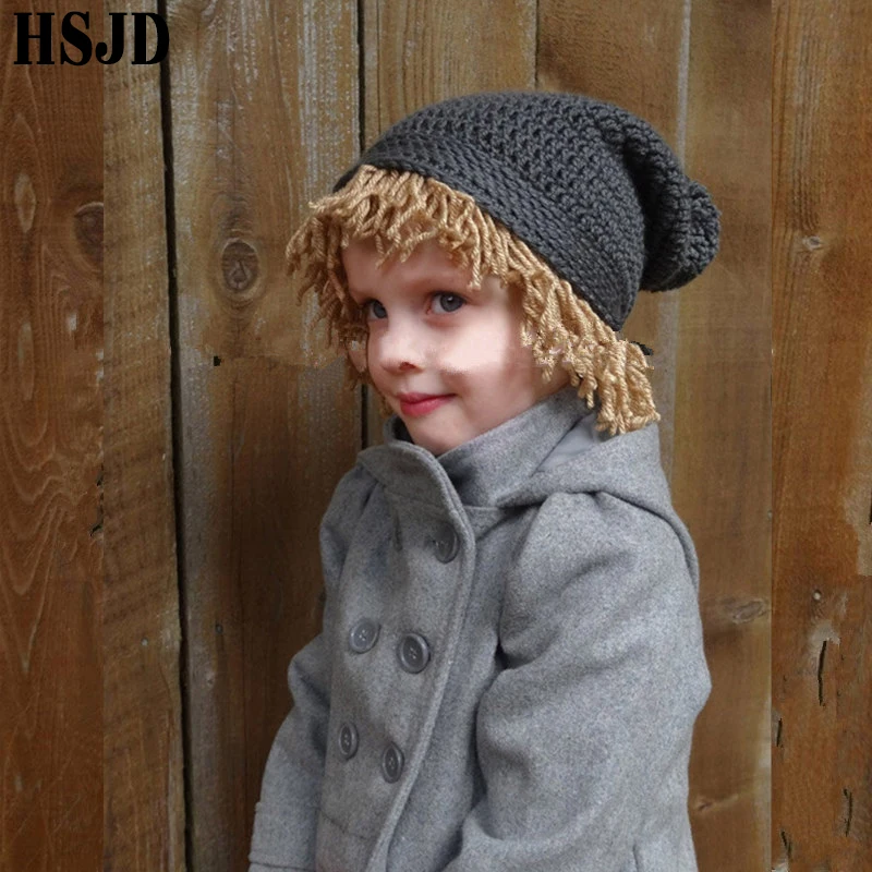 Children Funny Wig Cap Handmade Crochet Beggar Hat Parent-child Street Casual Cute Knitted Hats Warm Skullies Beanies Boys Caps
